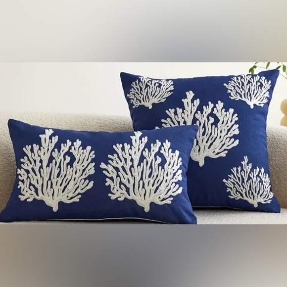 NEW - Embroidered Coral Ocean Life Beachy Statement Throw Pillow Slip Cover - Picture 2 of 4